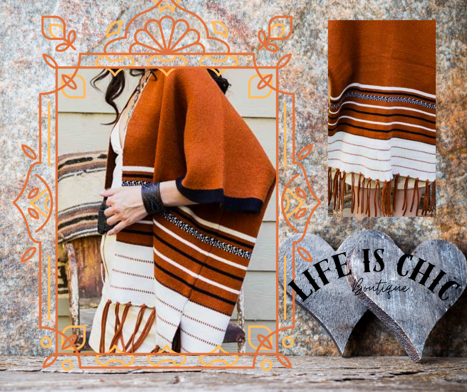 Everything You Need Luxe Cardigan Ruana Fringed In Rust Brown