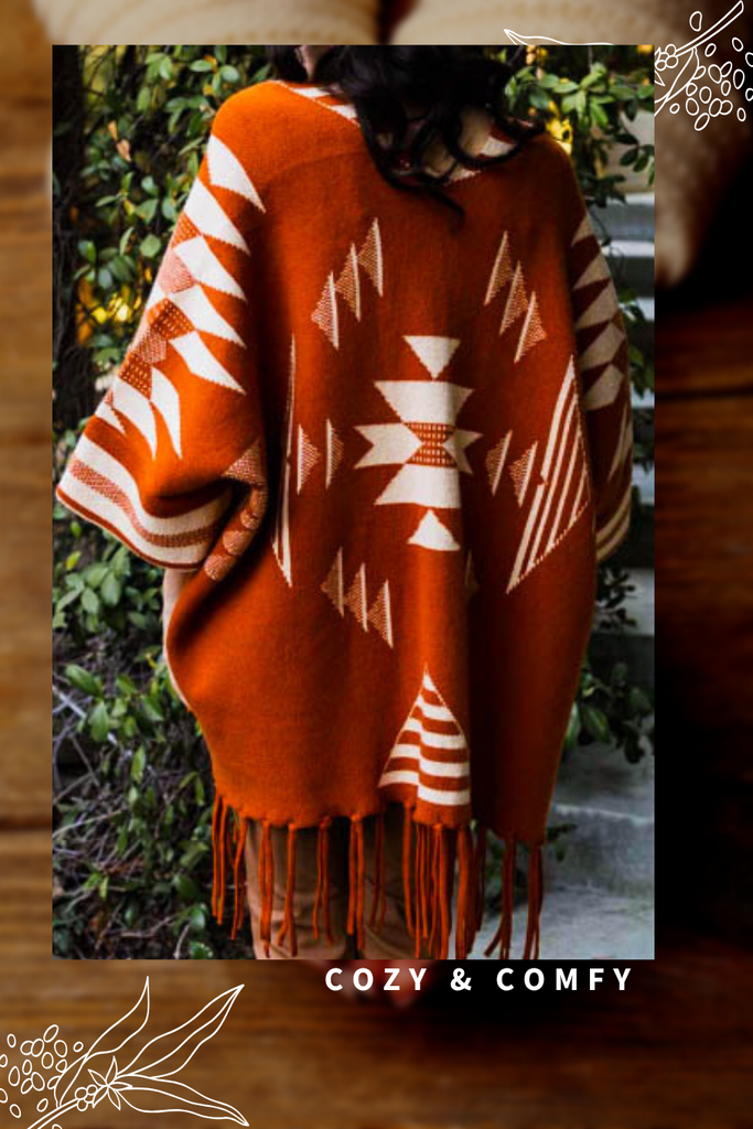 THE BRIGHTER SIDE BOHO RUANA CARDIGAN IN RUST