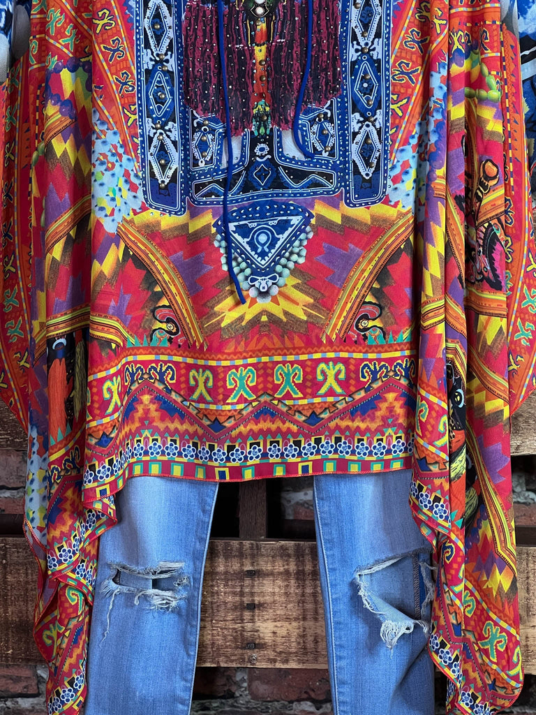 AS CHARMING AS EVER ANIMAL PRINT & CRYSTAL STYLISH TUNIC IN RED & MULTICOLOR