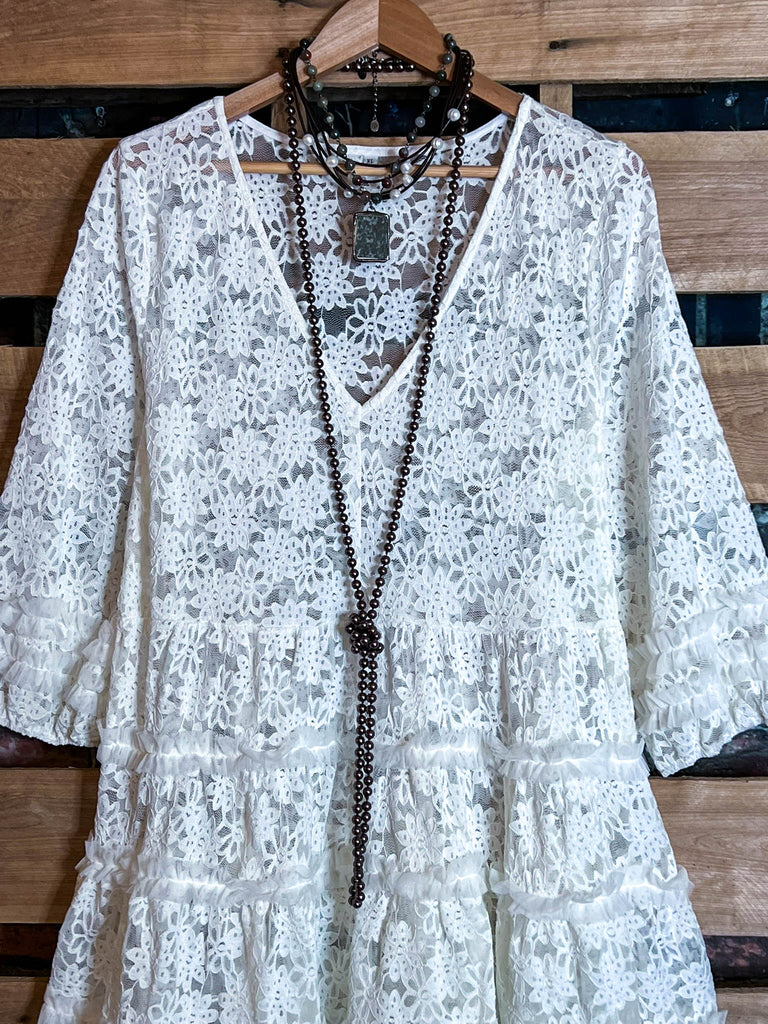 Young At Heart Timeless Pretty Lace 2Pcs Set 3Q Sleeve in White