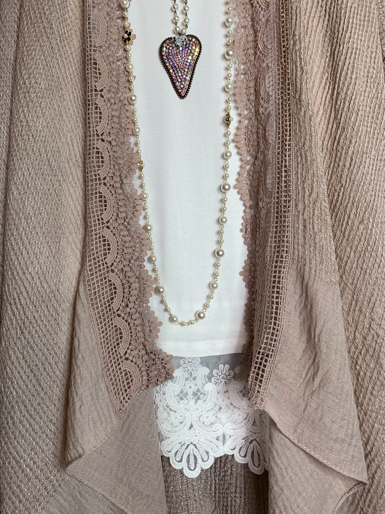 MATTERS OF THE HEART LACE CARDIGAN KIMONO DUSTY MOCHA