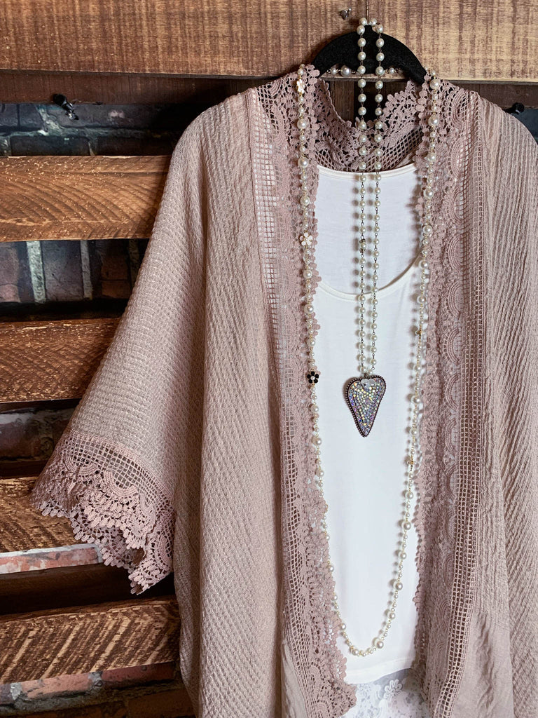 MATTERS OF THE HEART LACE CARDIGAN KIMONO DUSTY MOCHA