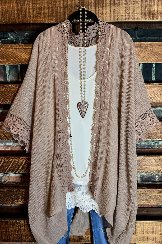 MATTERS OF THE HEART LACE CARDIGAN KIMONO DUSTY MOCHA
