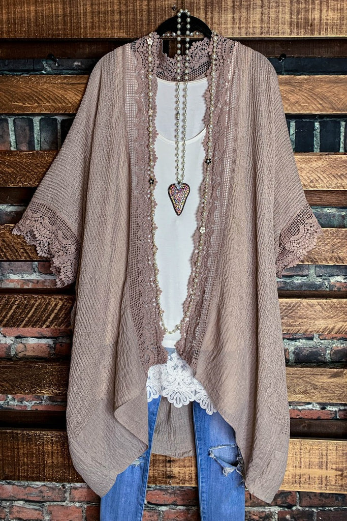 MATTERS OF THE HEART LACE CARDIGAN KIMONO DUSTY MOCHA