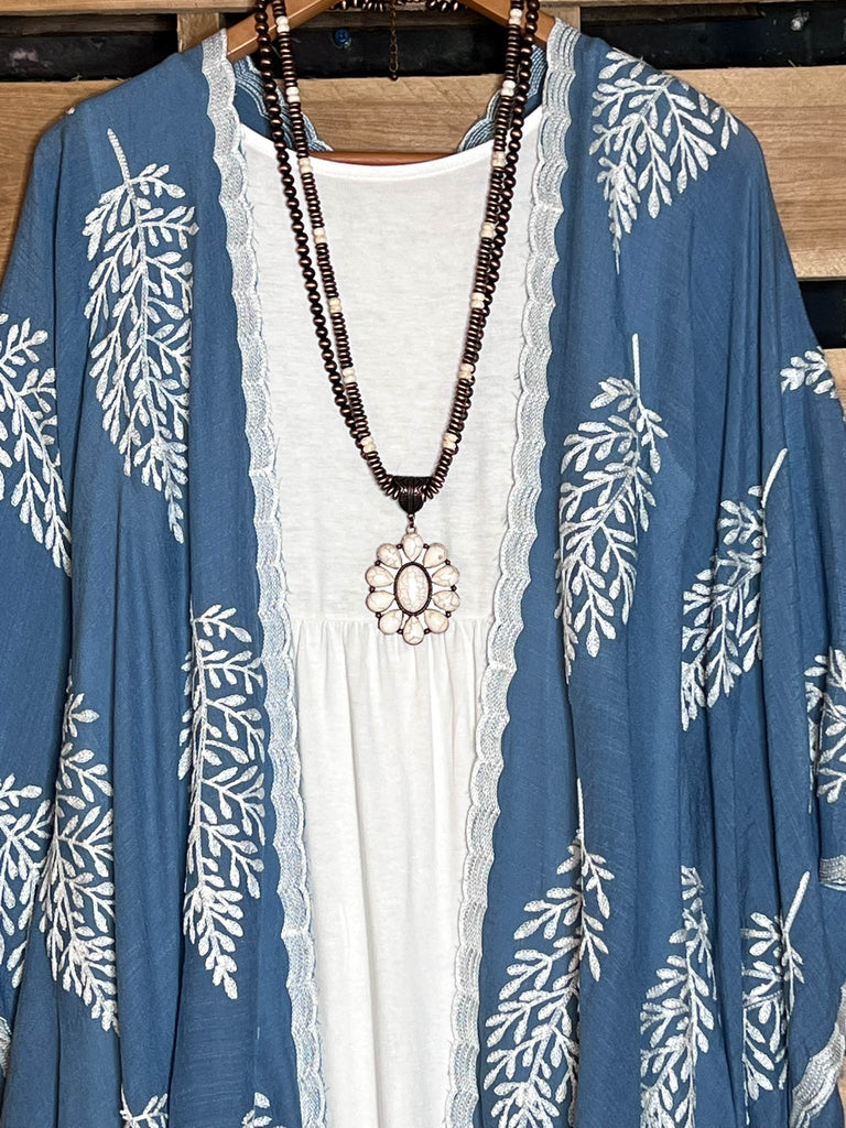 SEA BREEZE ESCAPE RESORT BLUE BOHO EMBROIDERED KIMONO