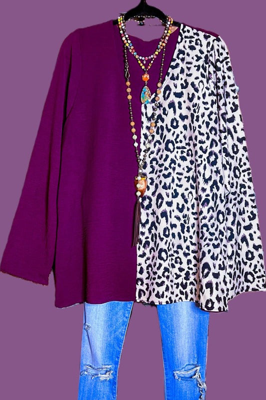 PLUS SIZE COMFORTABLE CHARM PLUM & LEOPARD PRINT TUNIC----------SALE