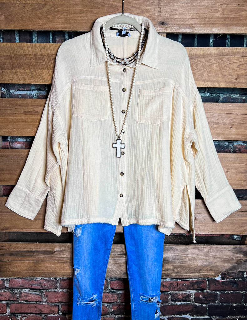 LIVE IN HARMONY 100% COTTON SHABBY SHIRT IN NATURAL BEIGE