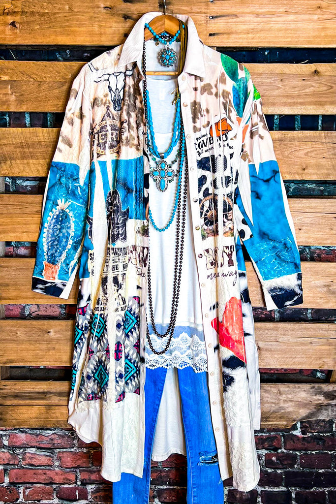 Pieces of Love Boho Fab Embellished Lace Long Jacket in Multi-Color