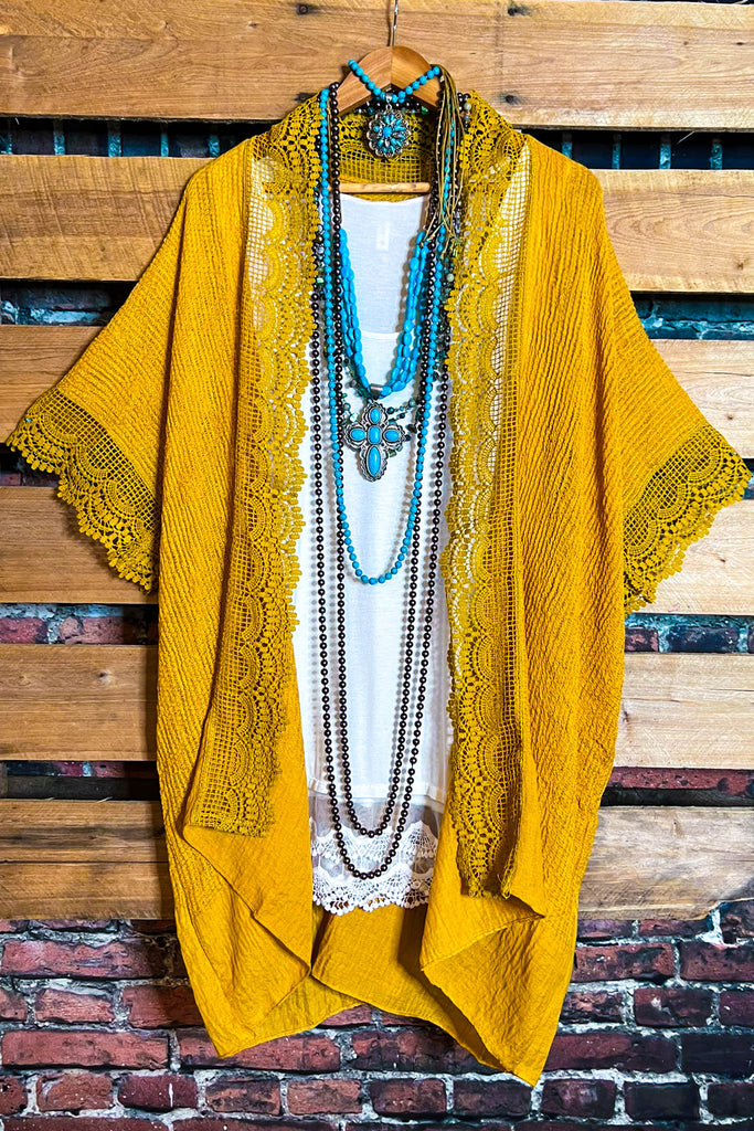 MATTERS OF THE HEART LACE MUSTARD DUSTER KIMONO