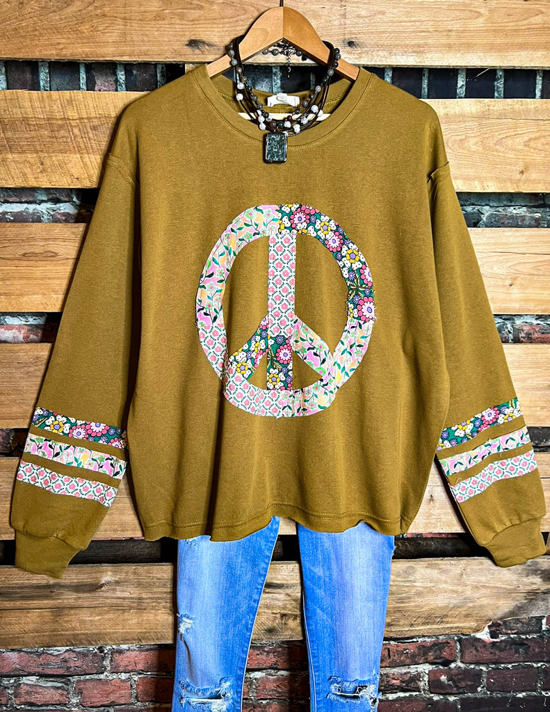 BOHO PEACE & LOVE 100% COTTON SWEATSHIRT IN CAMEL