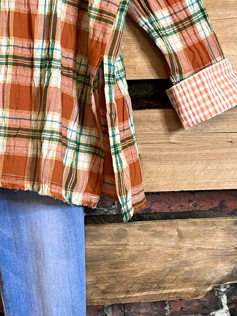 BOHO-COUNTRY PLAID SHIRT IN RUST & MULTI-COLOR