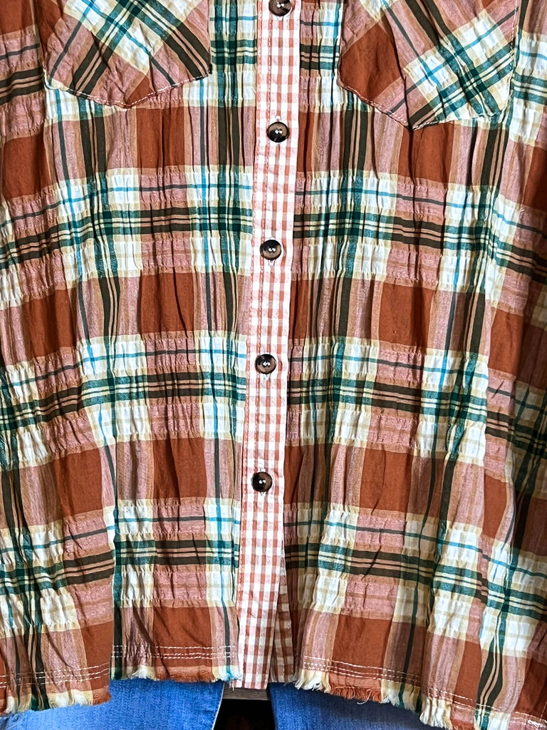 BOHO-COUNTRY PLAID SHIRT IN RUST & MULTI-COLOR