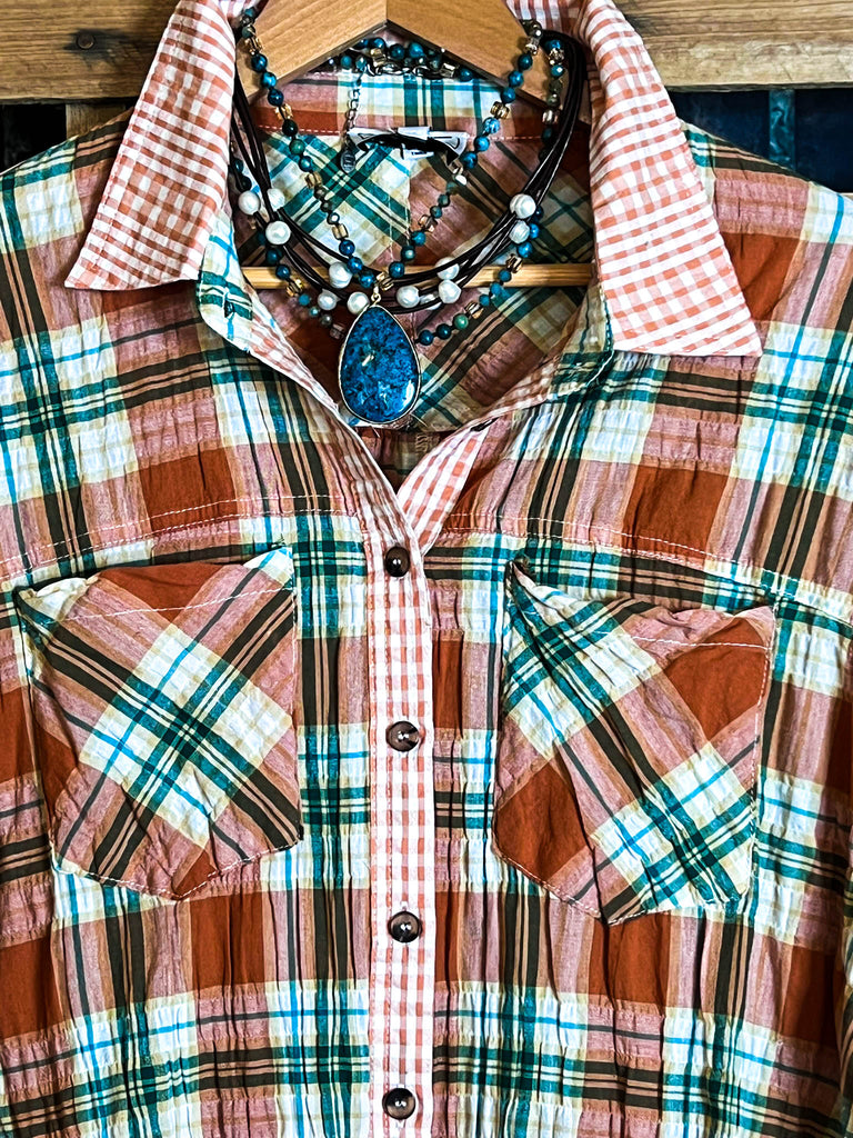 BOHO-COUNTRY PLAID SHIRT IN RUST & MULTI-COLOR