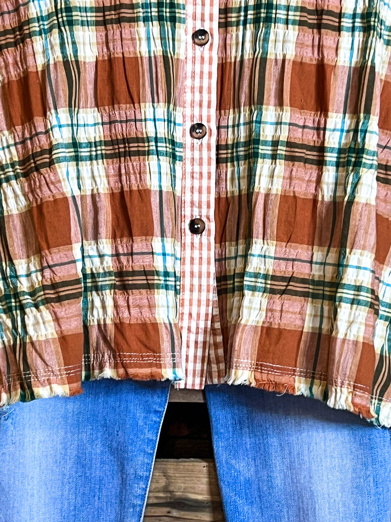 BOHO-COUNTRY PLAID SHIRT IN RUST & MULTI-COLOR