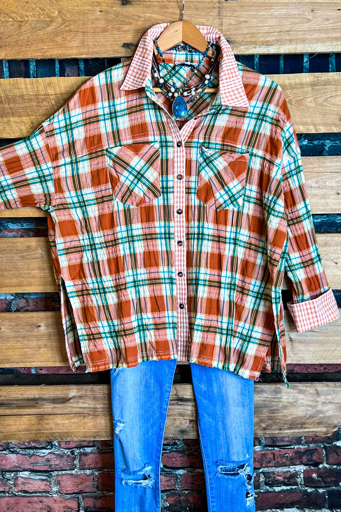 BOHO-COUNTRY PLAID SHIRT IN RUST & MULTI-COLOR