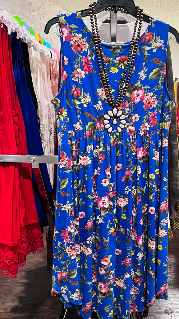 THE BRIGHTER SIDE FLORAL DRESS IN ROYAL BLUE MIX----------SALE