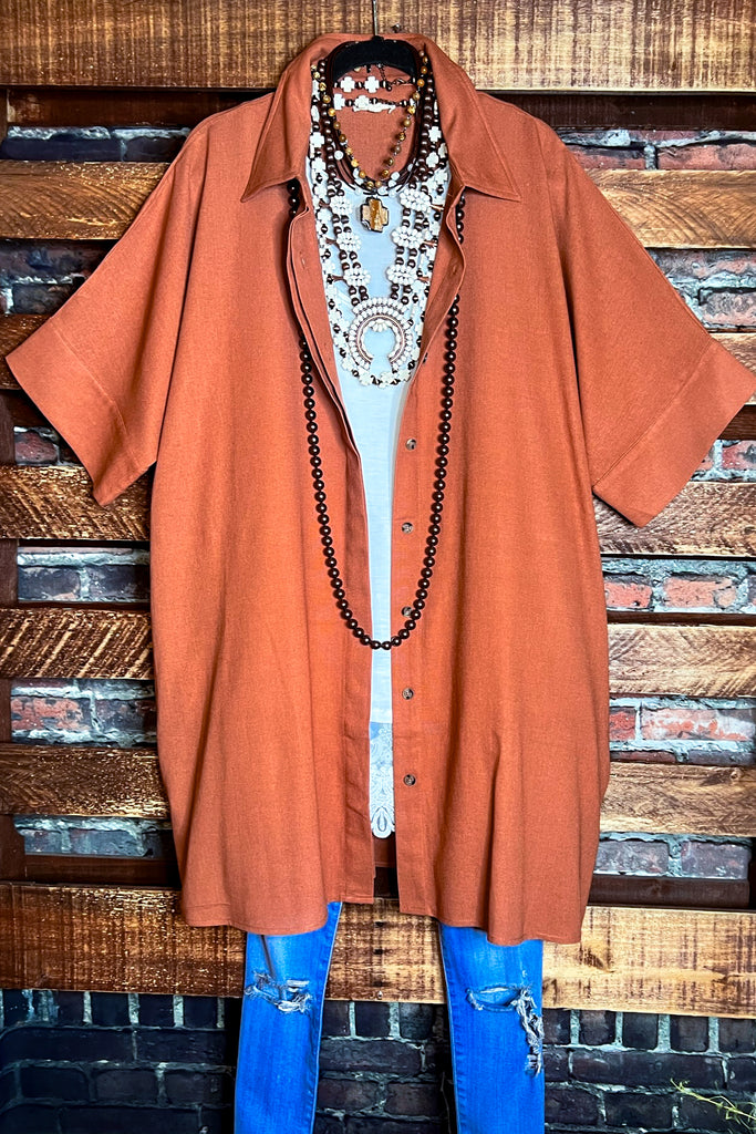 NATURAL BEAUTY BROWN RUST LINEN OVERSIZED TIMELESS SHIRT DRESS