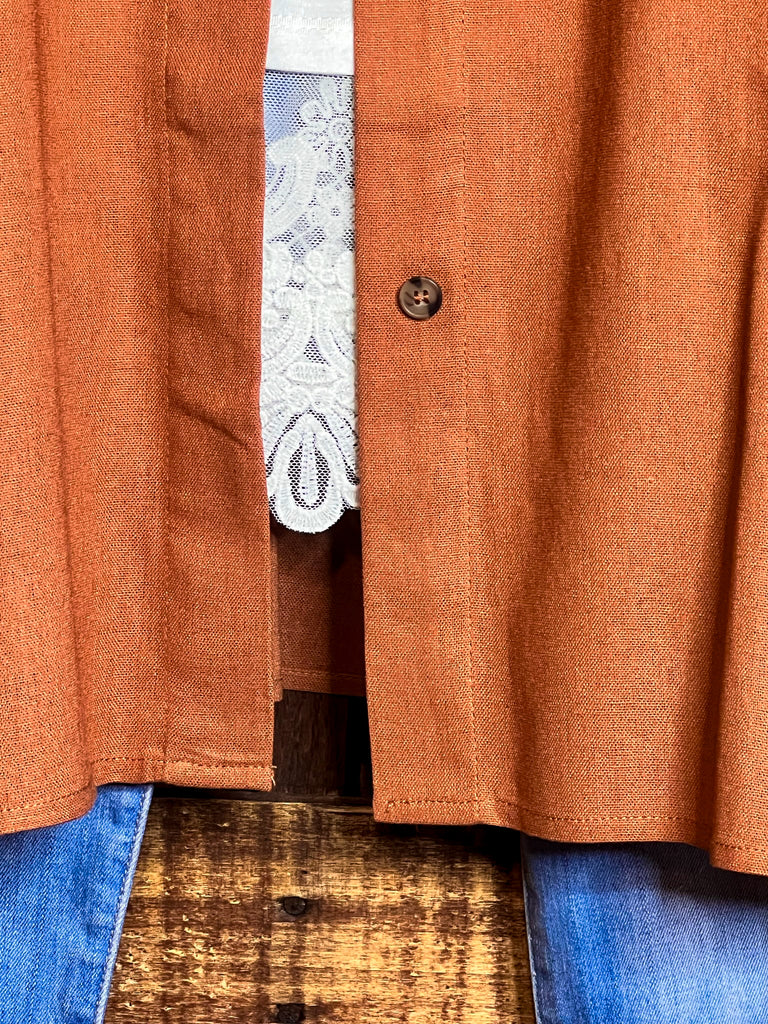 NATURAL BEAUTY BROWN RUST LINEN OVERSIZED TIMELESS SHIRT DRESS