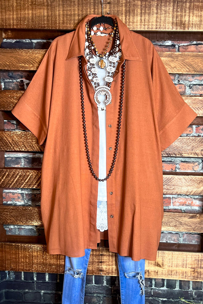 NATURAL BEAUTY BROWN RUST LINEN OVERSIZED TIMELESS SHIRT DRESS