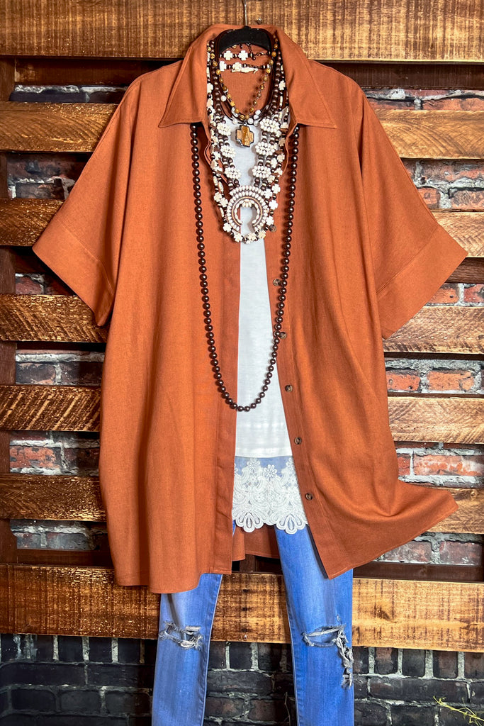 NATURAL BEAUTY BROWN RUST LINEN OVERSIZED TIMELESS SHIRT DRESS
