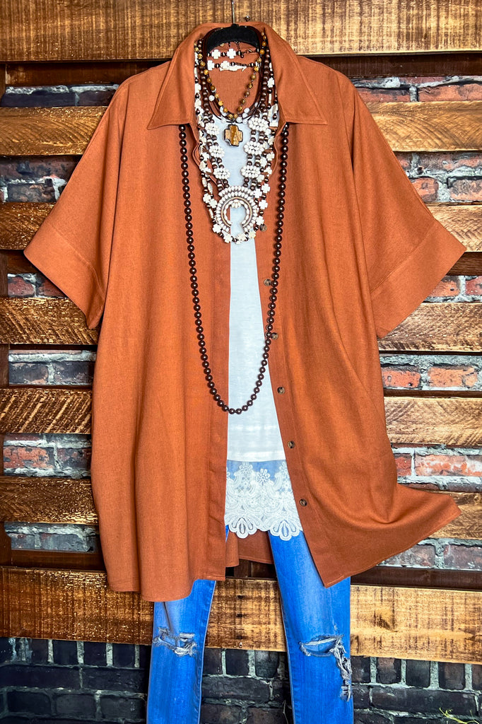 NATURAL BEAUTY BROWN RUST LINEN OVERSIZED TIMELESS SHIRT DRESS