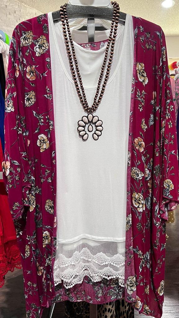 PARADISE COAST CRIMSON & FLORAL KIMONO--------SALE