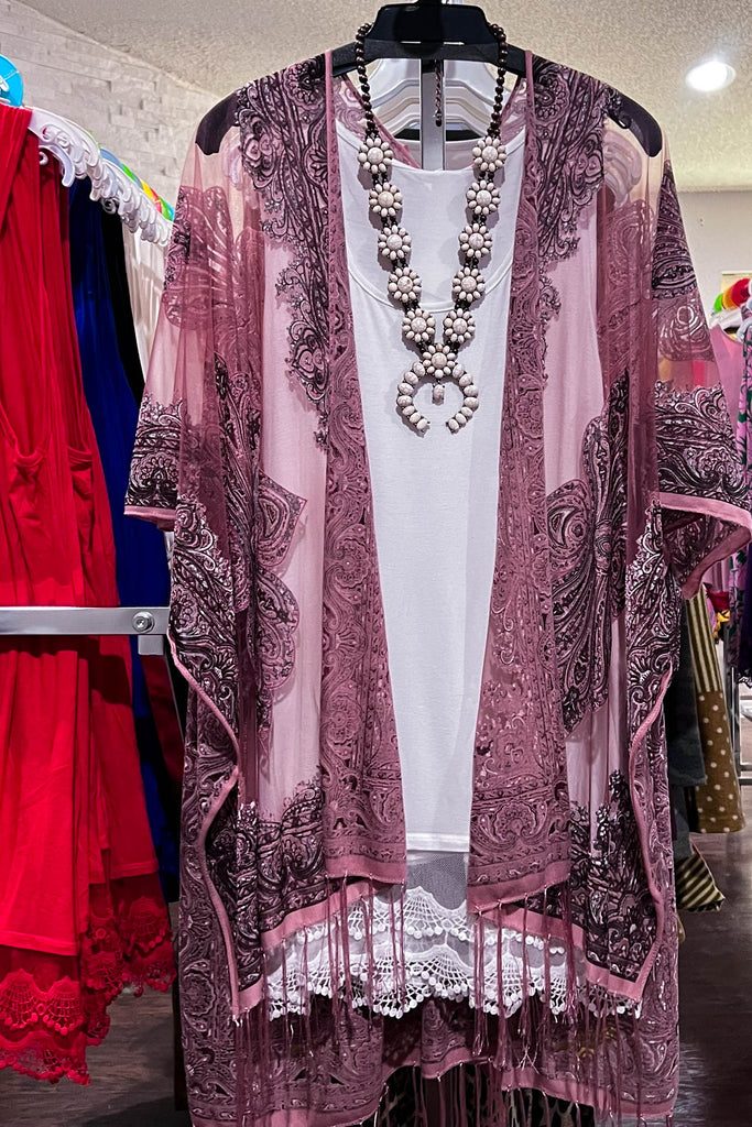 ENCHANTING WAYS VELVET & BURNOUT KIMONO IN OLD ROSE ---------SALE