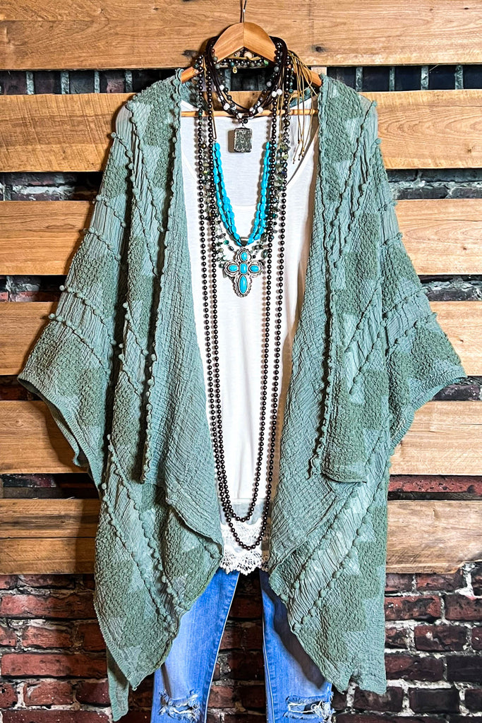 GENUINE SOUL SOFT BOHO EMBELLISHED KIMONO IN SAGE