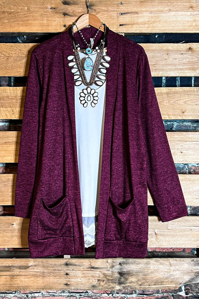 Keep Things Simple Pad Pockets Cardigan in Burgundy----------Sale