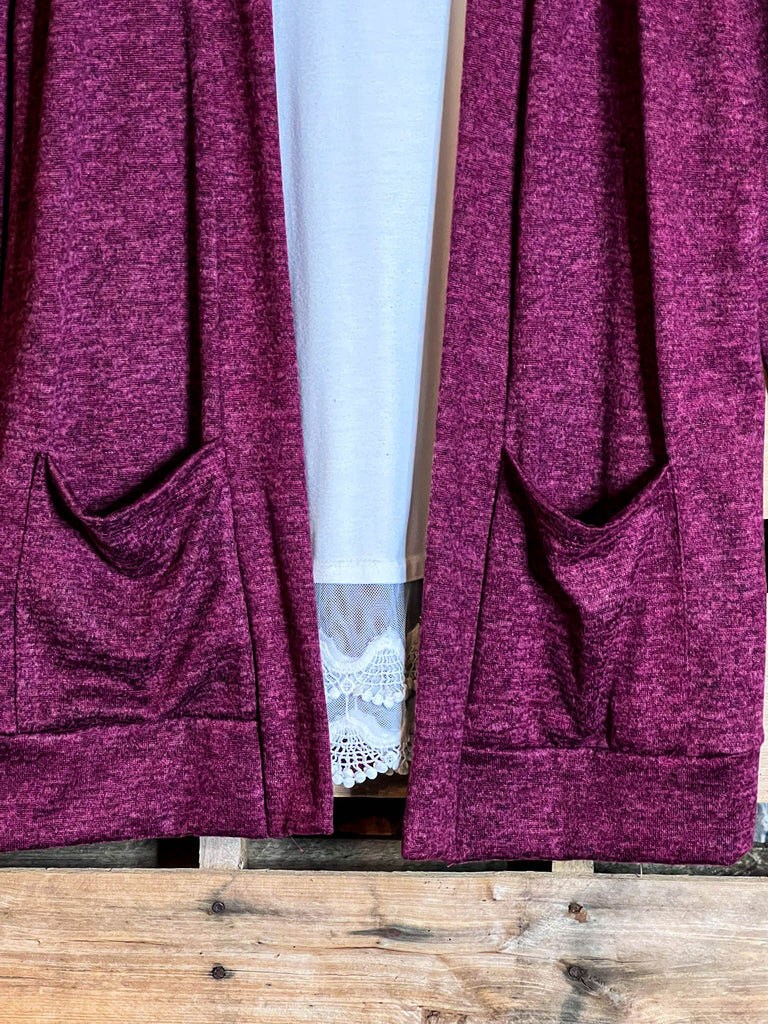 Keep Things Simple Pad Pockets Cardigan in Burgundy----------Sale