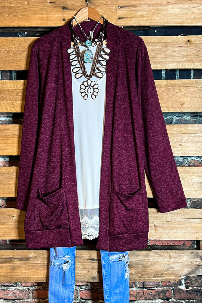 Keep Things Simple Pad Pockets Cardigan in Burgundy----------Sale