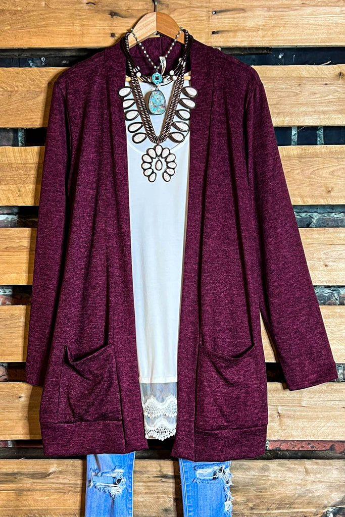 Keep Things Simple Pad Pockets Cardigan in Burgundy----------Sale