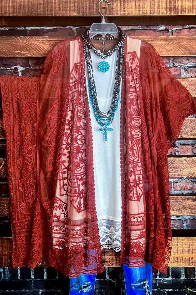 A FABULOUS HEART LACE DUSTER CARDIGAN IN RED RUST
