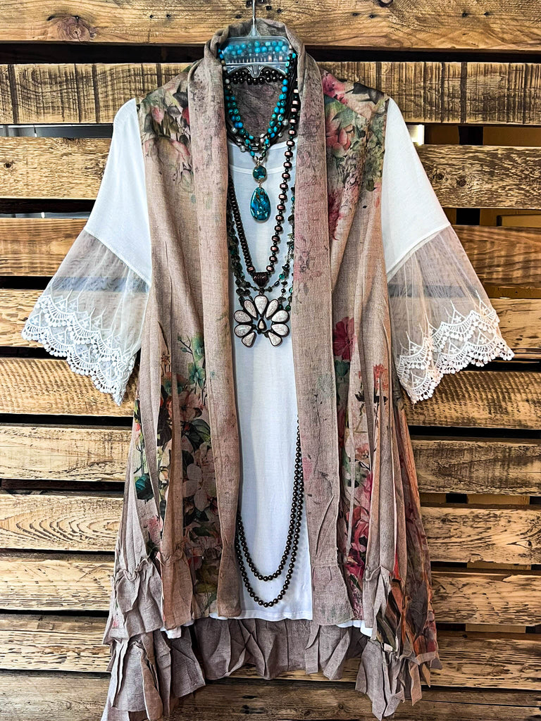 Best of My Love Boho Vintage Inspired Vest Roses & Taupe