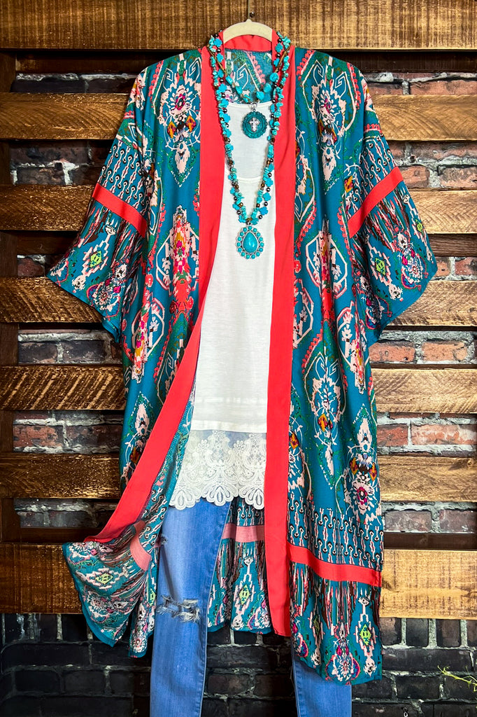 THE SOUL BOHO MAXI KIMONO IN TURQUOISE & MULTI-COLOR
