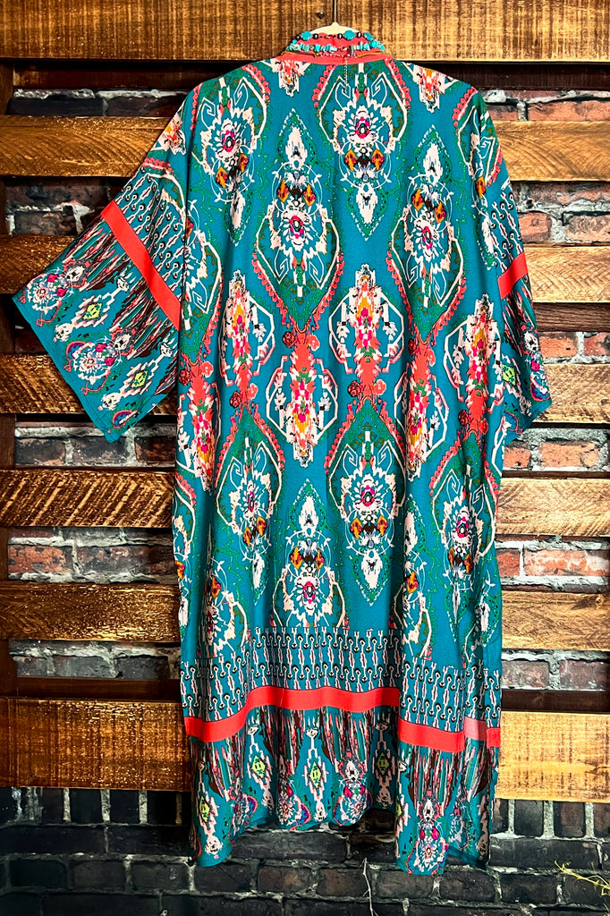 THE SOUL BOHO MAXI KIMONO IN TURQUOISE & MULTI-COLOR