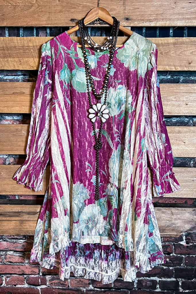 Worth The View Fab Flower Print Lace Dress Tunic in Wine & Multi-Color