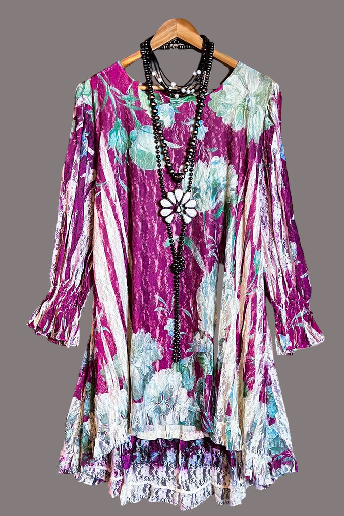 Worth The View Fab Flower Print Lace Dress Tunic in Wine & Multi-Color