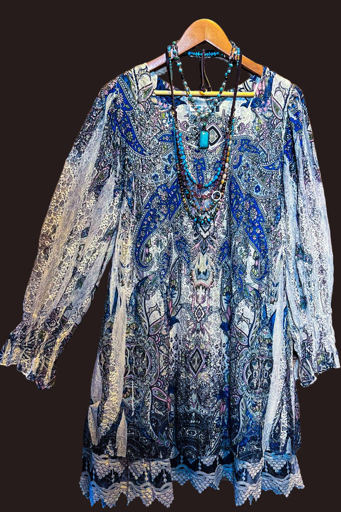 RADIANT CHARM ROYAL BLUE & BEIGE LACE DRESS