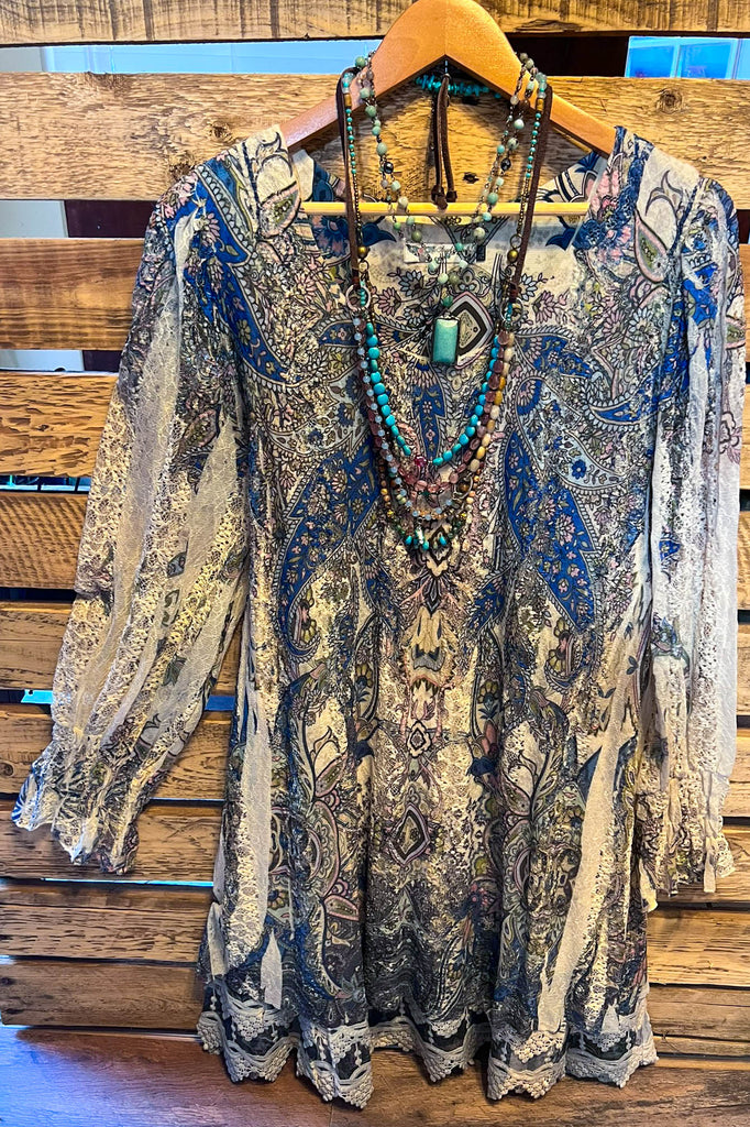 RADIANT CHARM ROYAL BLUE & BEIGE LACE DRESS