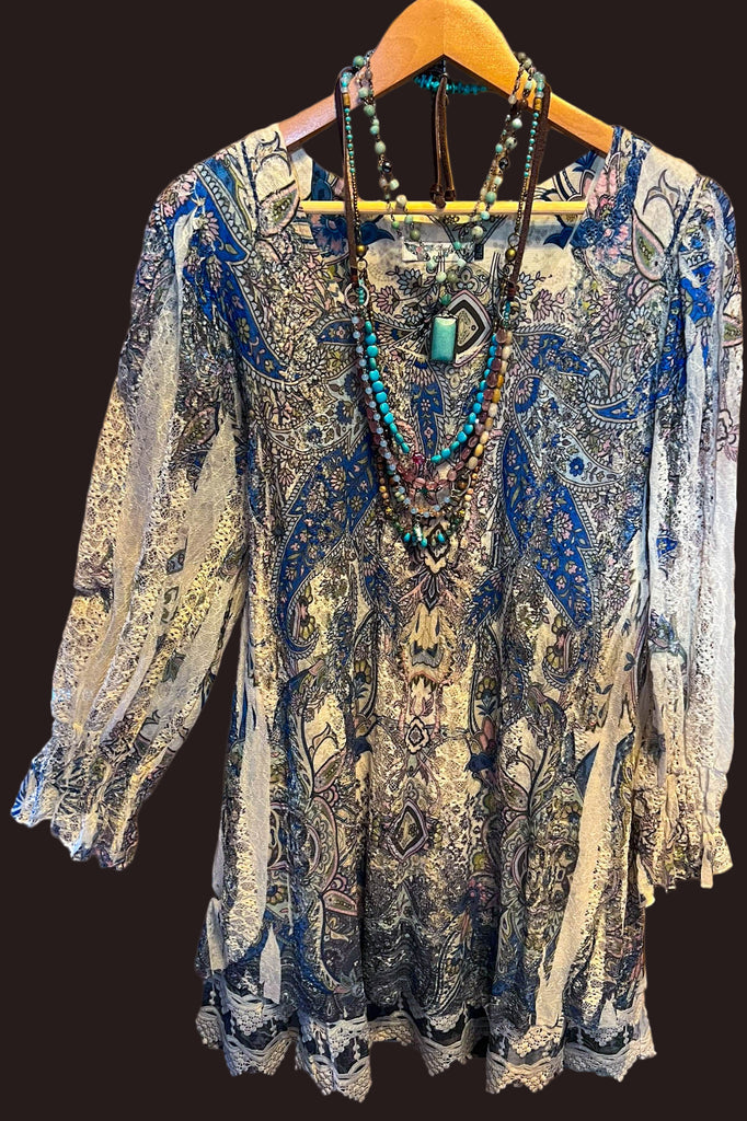 RADIANT CHARM ROYAL BLUE & BEIGE LACE DRESS