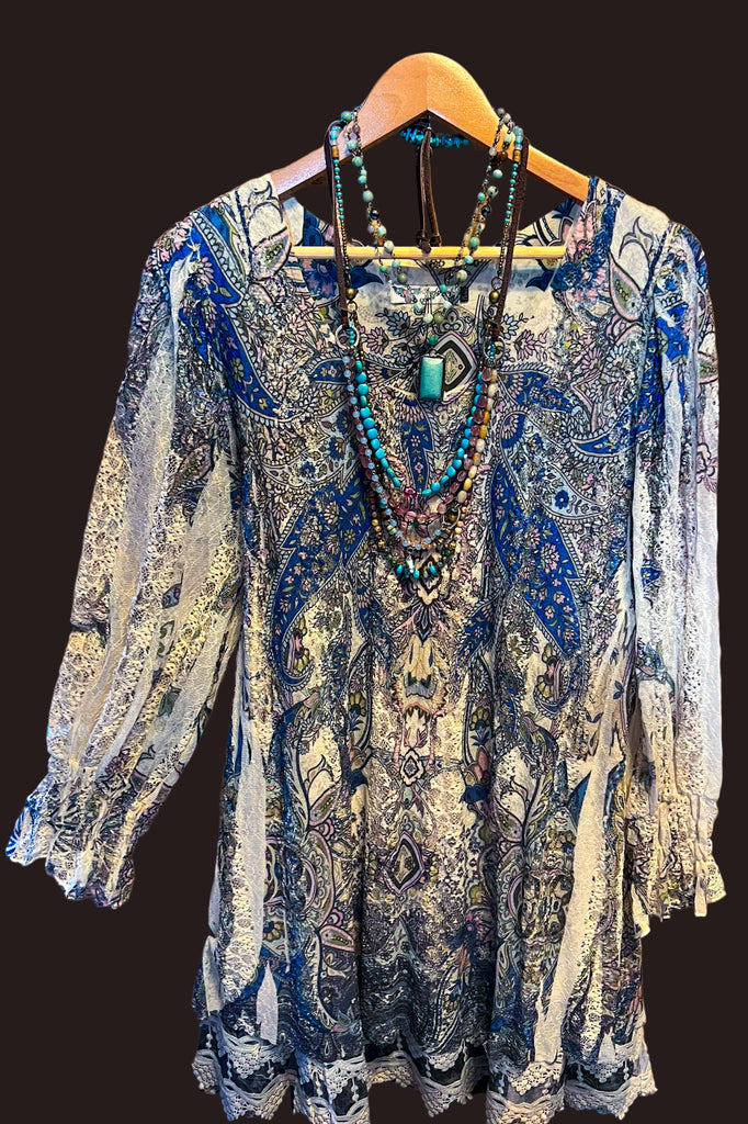 RADIANT CHARM ROYAL BLUE & BEIGE LACE DRESS