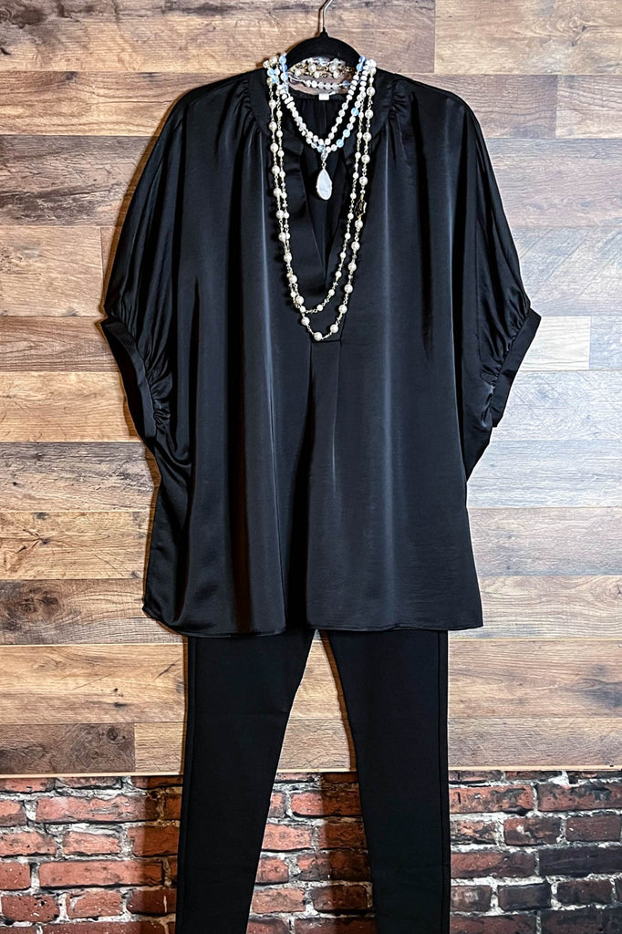 GLAMOROUS BLACK SATIN COMFY OVERSIZED 2X-3X-4X TUNIC