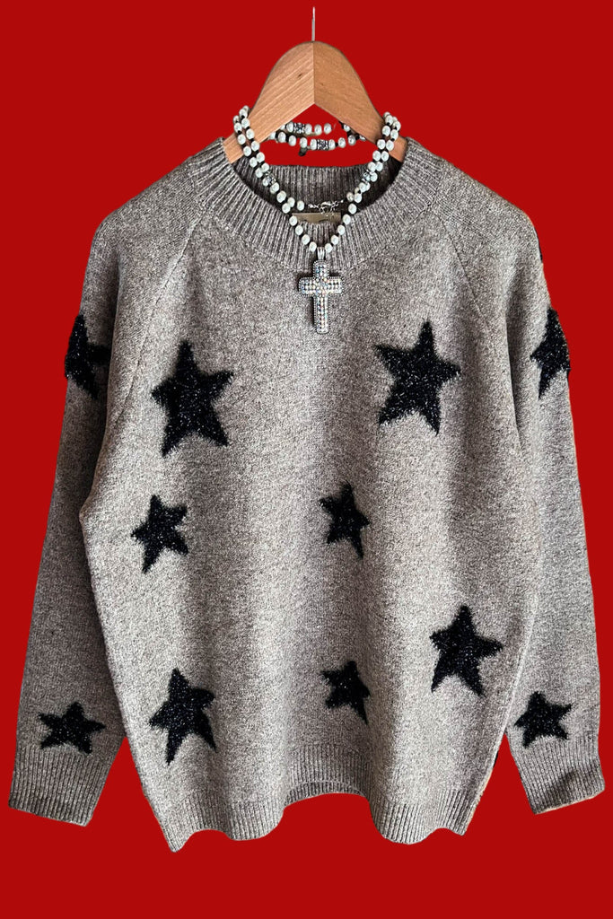 THE BRIGHTER STARS PATCH PULLOVER SWEATER IN MOCHA