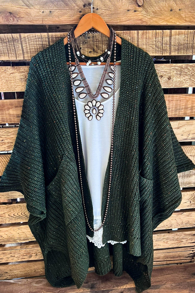 Take It Easy Oversized Cozy Chunky Pocket Ruana Cardigan in Dark Olive