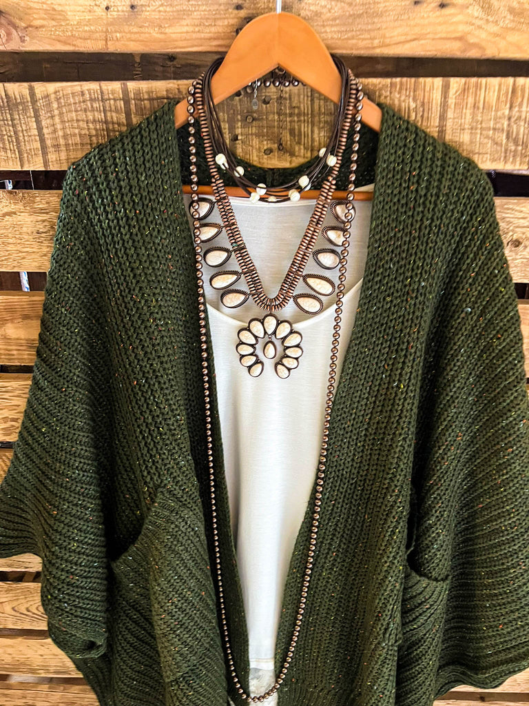 Take It Easy Oversized Cozy Chunky Pocket Ruana Cardigan in Dark Olive