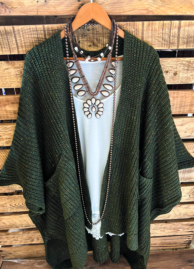 Take It Easy Oversized Cozy Chunky Pocket Ruana Cardigan in Dark Olive