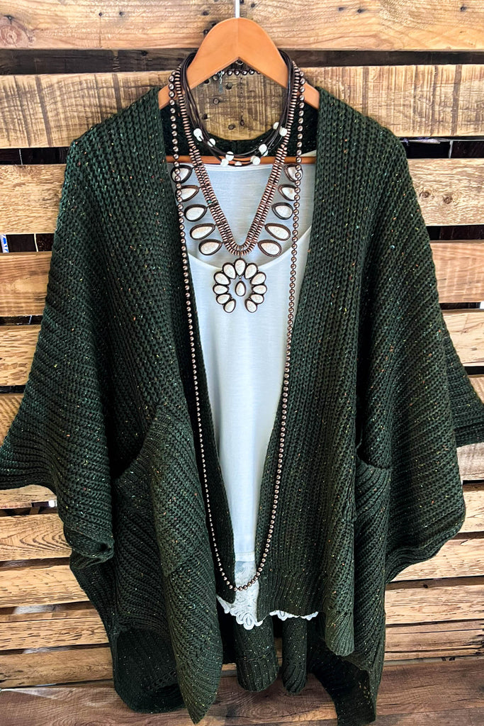 Take It Easy Oversized Cozy Chunky Pocket Ruana Cardigan in Dark Olive