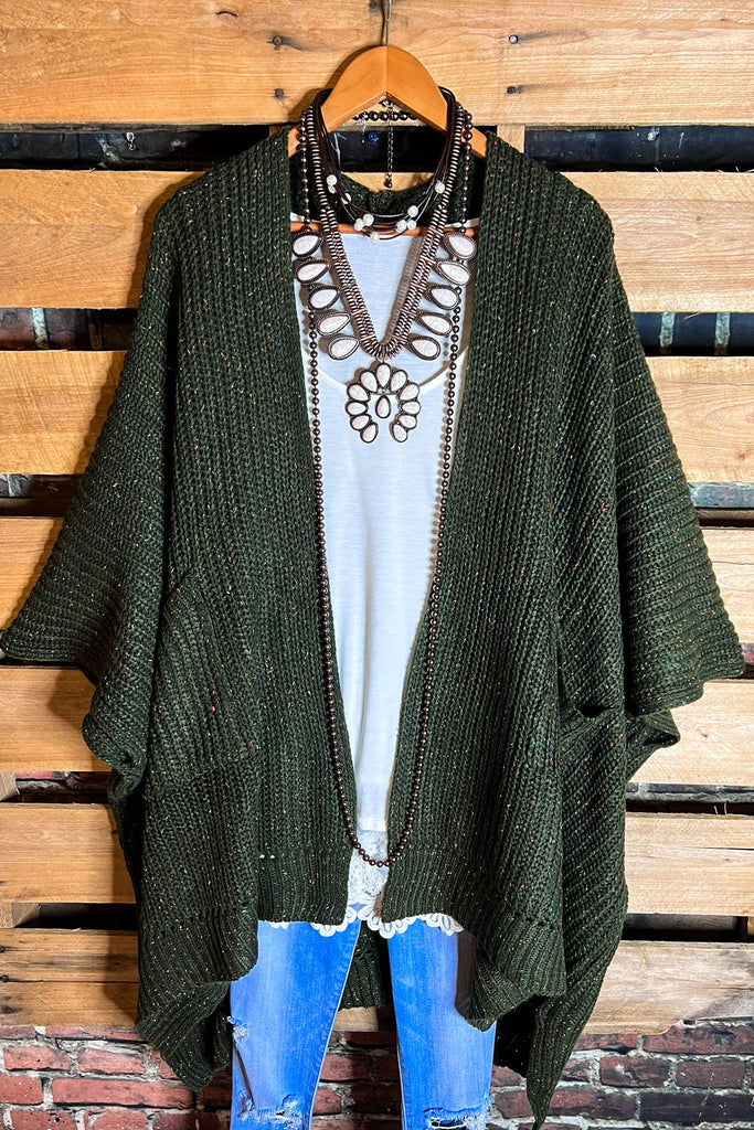 Take It Easy Oversized Cozy Chunky Pocket Ruana Cardigan in Dark Olive