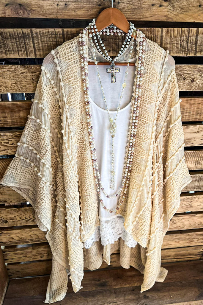 GENUINE SOUL SOFT BOHO EMBELLISHED KIMONO IN BEIGE